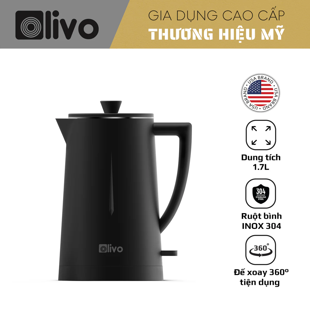 Ấm Siêu Tốc OLIVO EK207– Bộ Điều Khiển Strix Siêu Bền, Dung Tích 1.7L-2000W